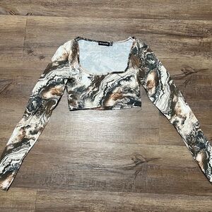 Marble Print Long Sleeve Crop Top - Brown/Black